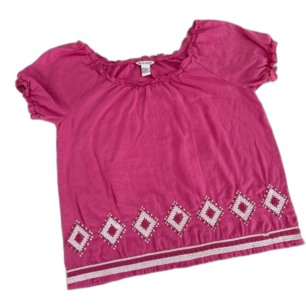 Alexandra Bartlett Women's L 100% Linen Off Shoulder Blouse Pink Embroidered